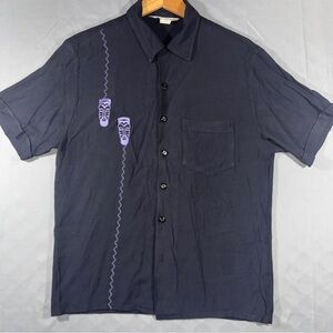 Vintage Da Vinci Black Tiki Tribal Mask Embroidered Short Sleeve Shirt Size L